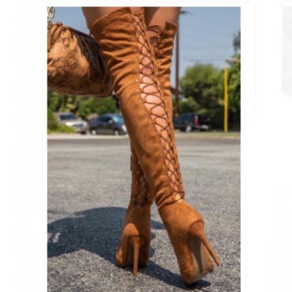 Stretchy Over the Knee Lace Up Boots in Tan - Picture 2 of 12